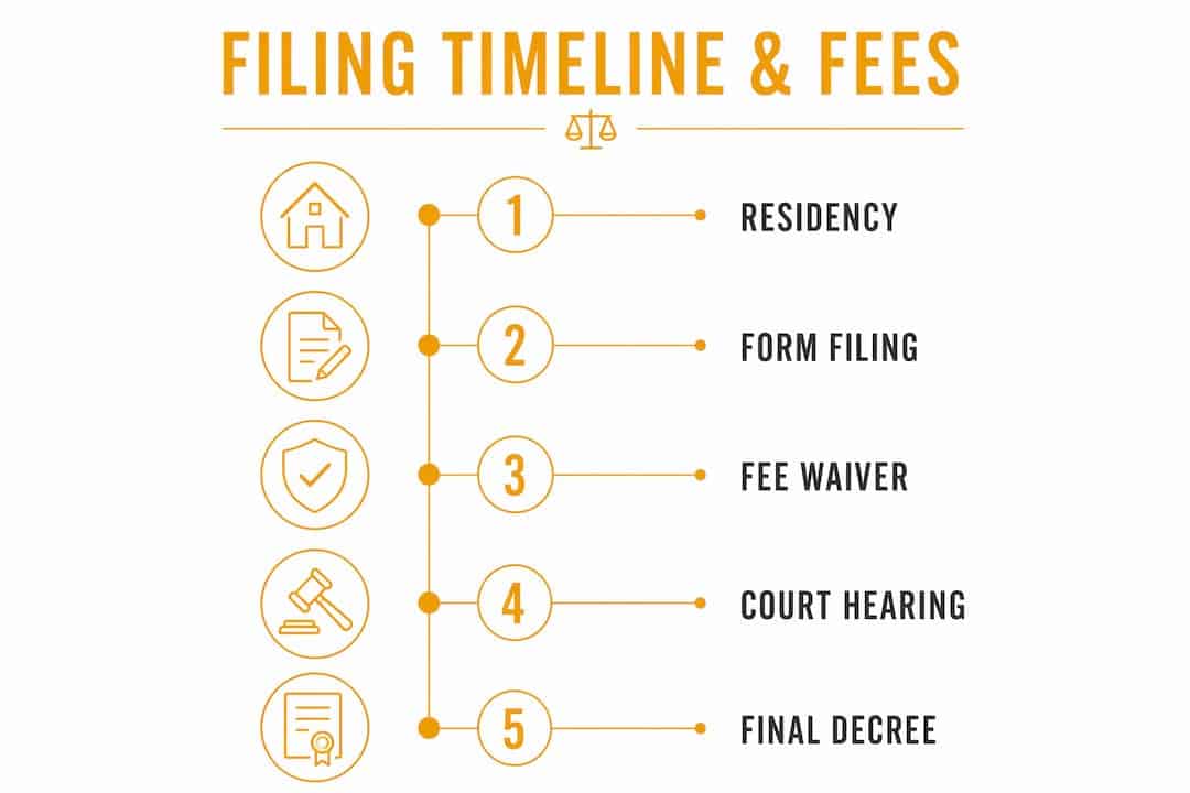 Timeline infographic of Arizona divorce filing steps and fees