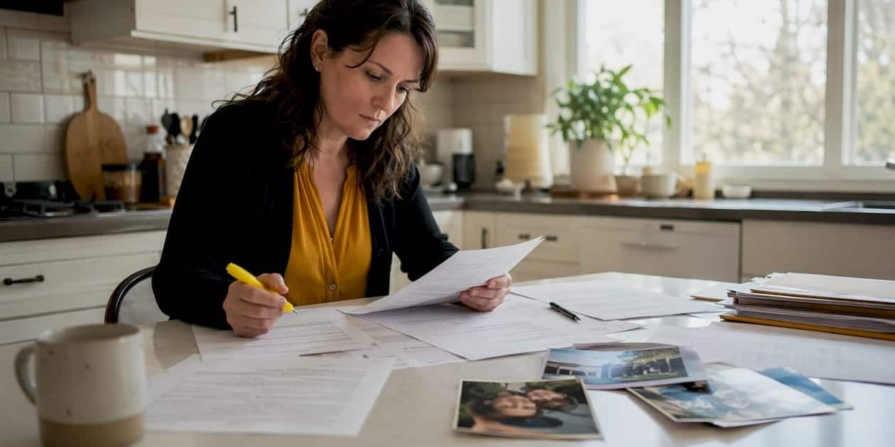 Parent reviewing custody legal documents at home