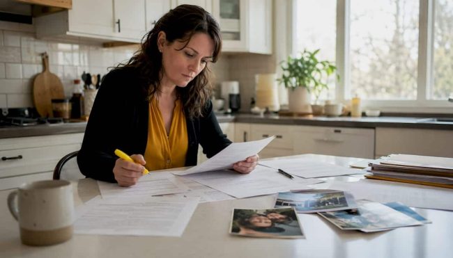 Parent reviewing custody legal documents at home