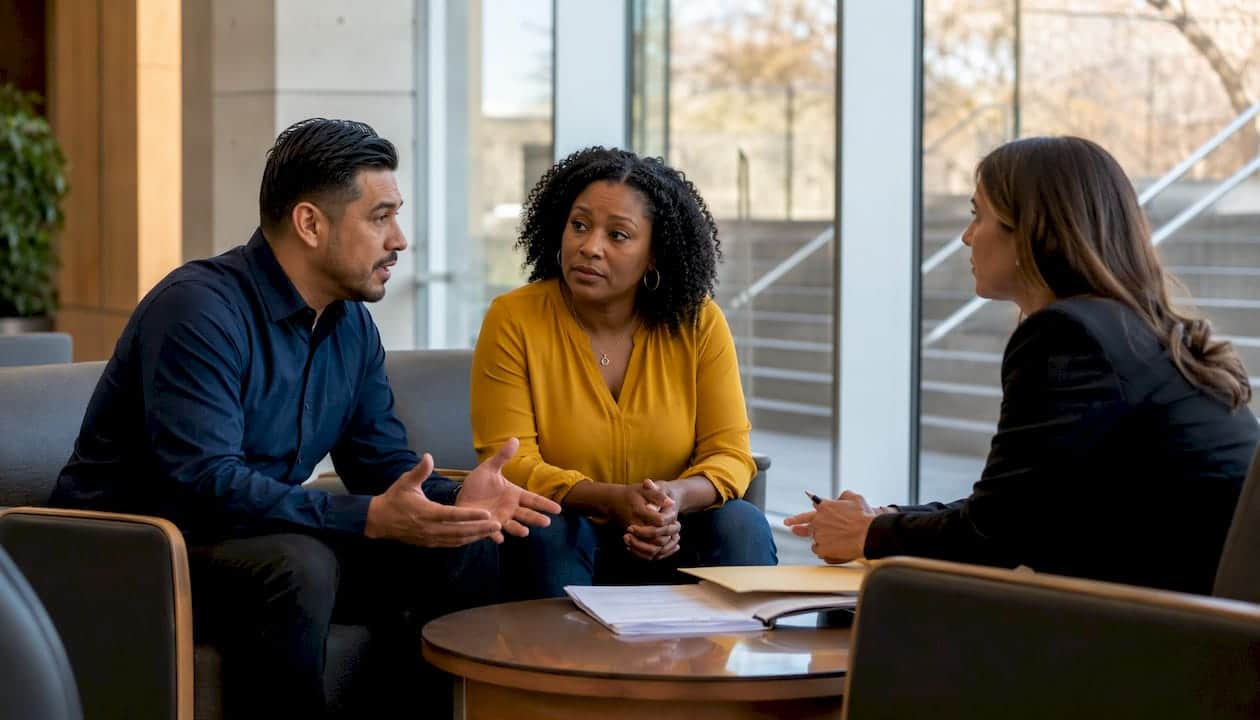 Parents consulting family law attorney in courthouse