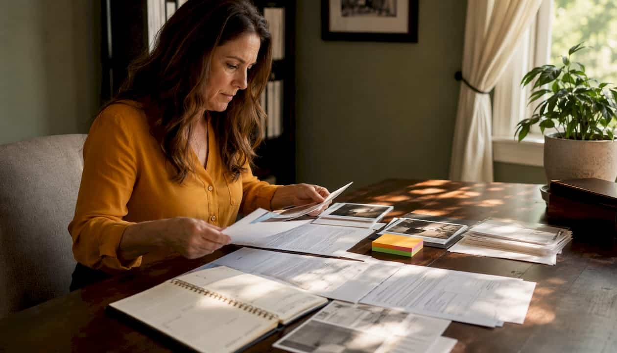 Hands arranging custody evidence timeline documents