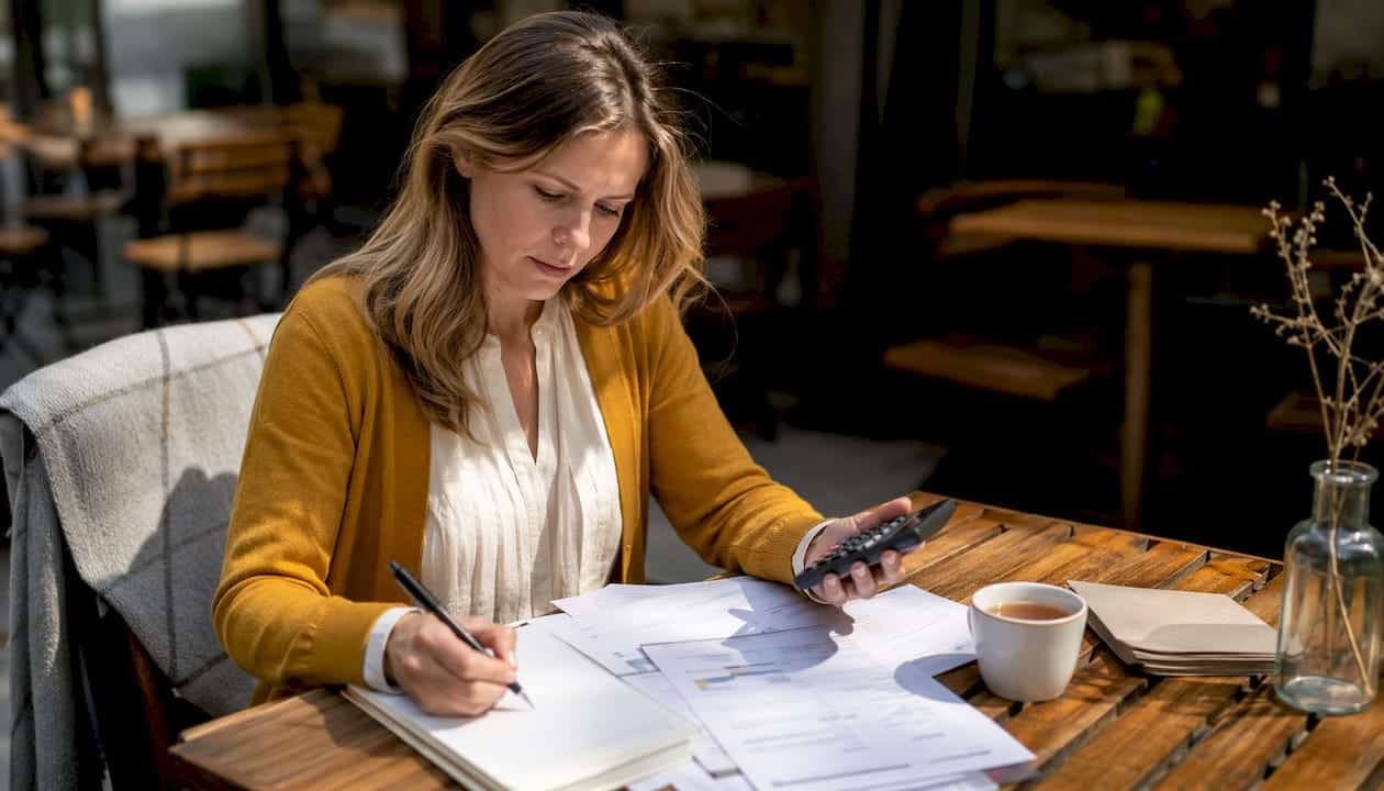 Woman calculating retirement plan figures at kitchen table