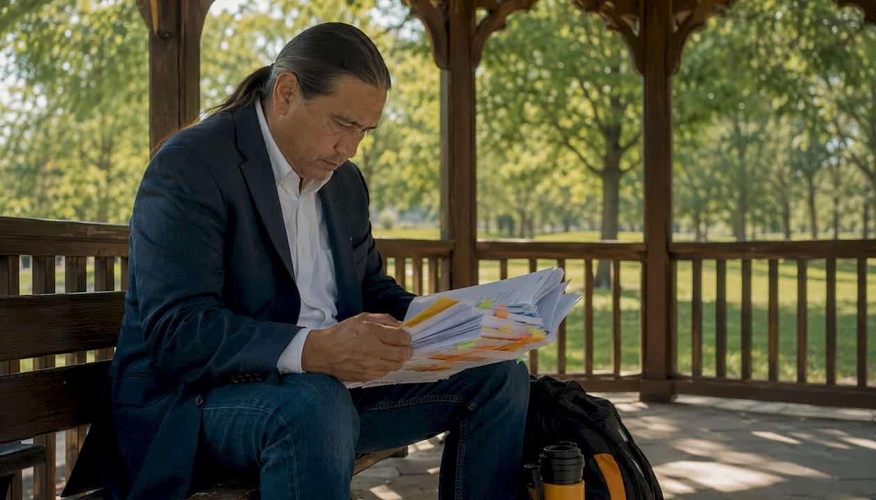 Man reviewing military retirement paperwork in office waiting area