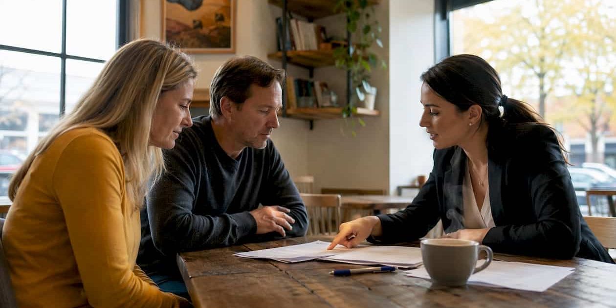 Couple and mediator discussing divorce options