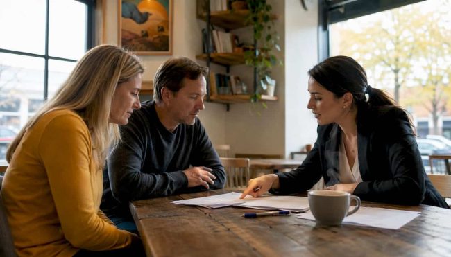 Couple and mediator discussing divorce options