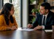 Client consulting divorce lawyer at office table