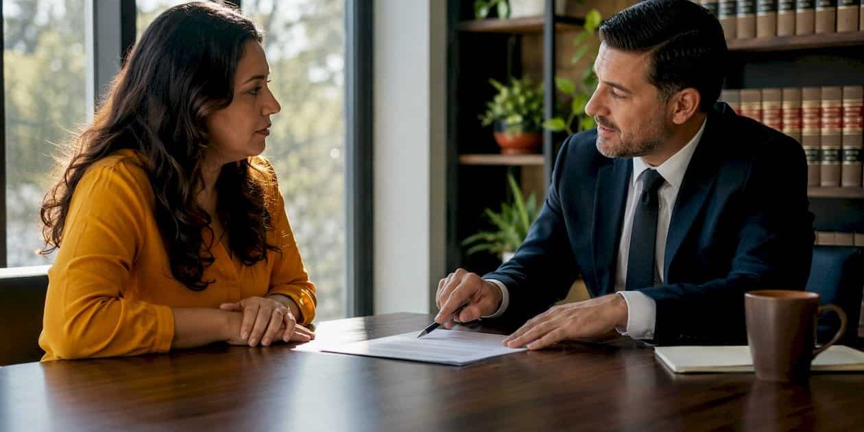 Client consulting divorce lawyer at office table
