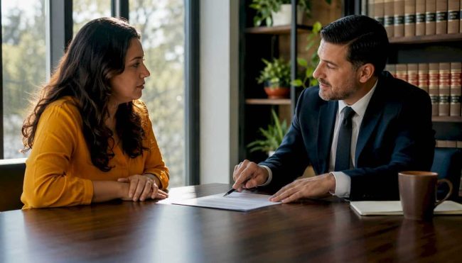 Client consulting divorce lawyer at office table