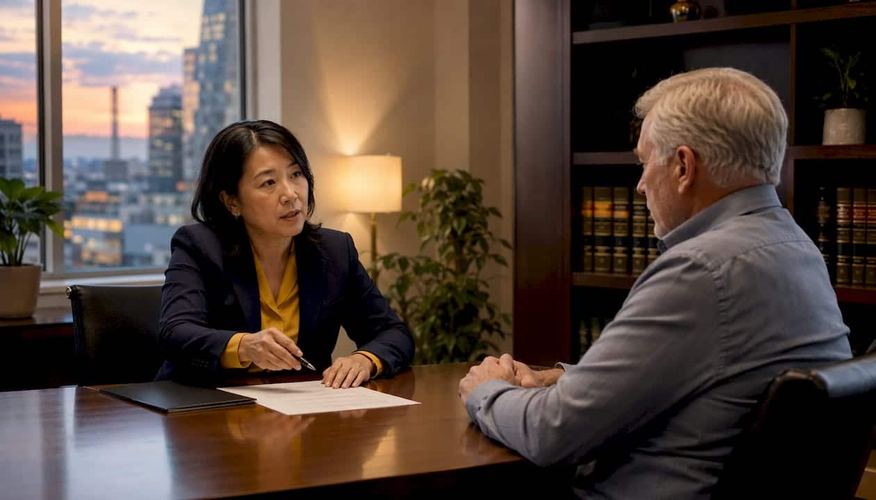 Divorce lawyer and client initial meeting in office