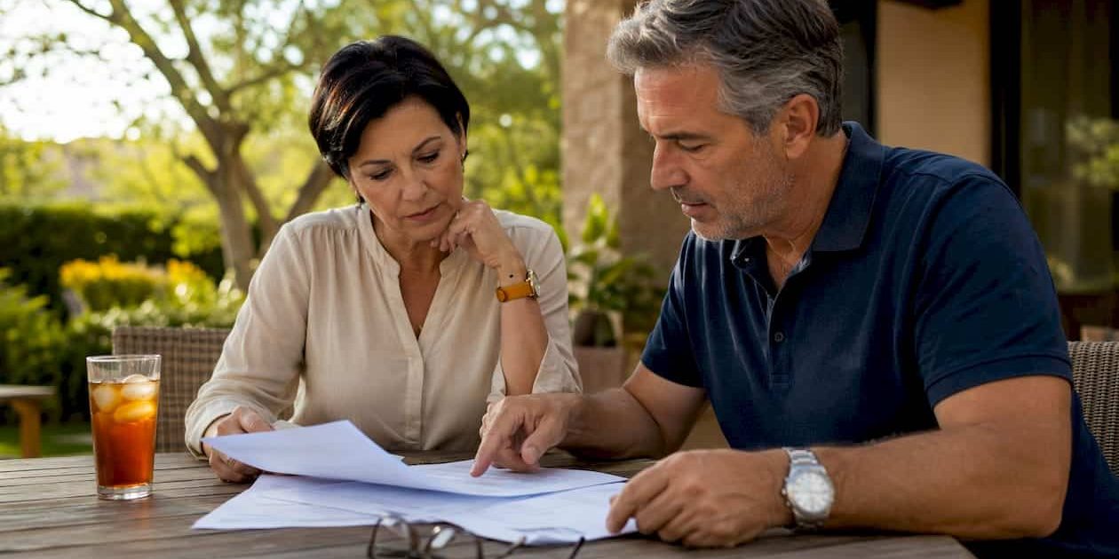 Couple reviewing home sale documents in kitchen