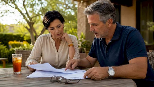 Couple reviewing home sale documents in kitchen