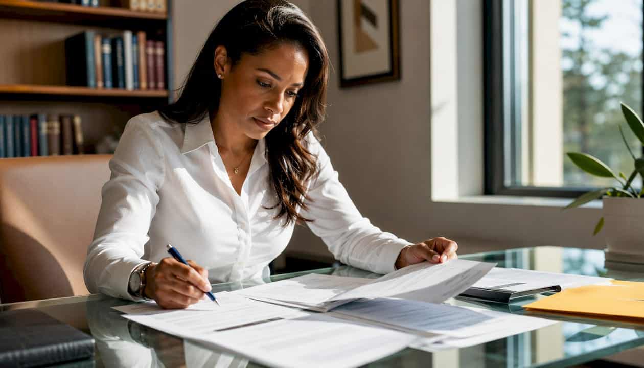Attorney hands organizing divorce home sale papers