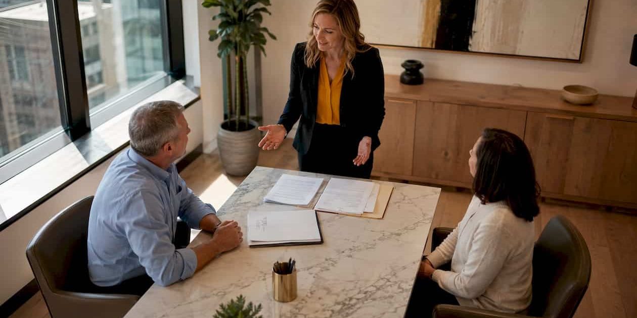 Attorney consulting couple about divorce mediation