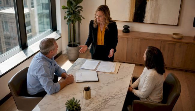 Attorney consulting couple about divorce mediation
