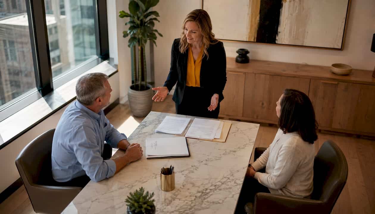 Attorney consulting couple about divorce mediation