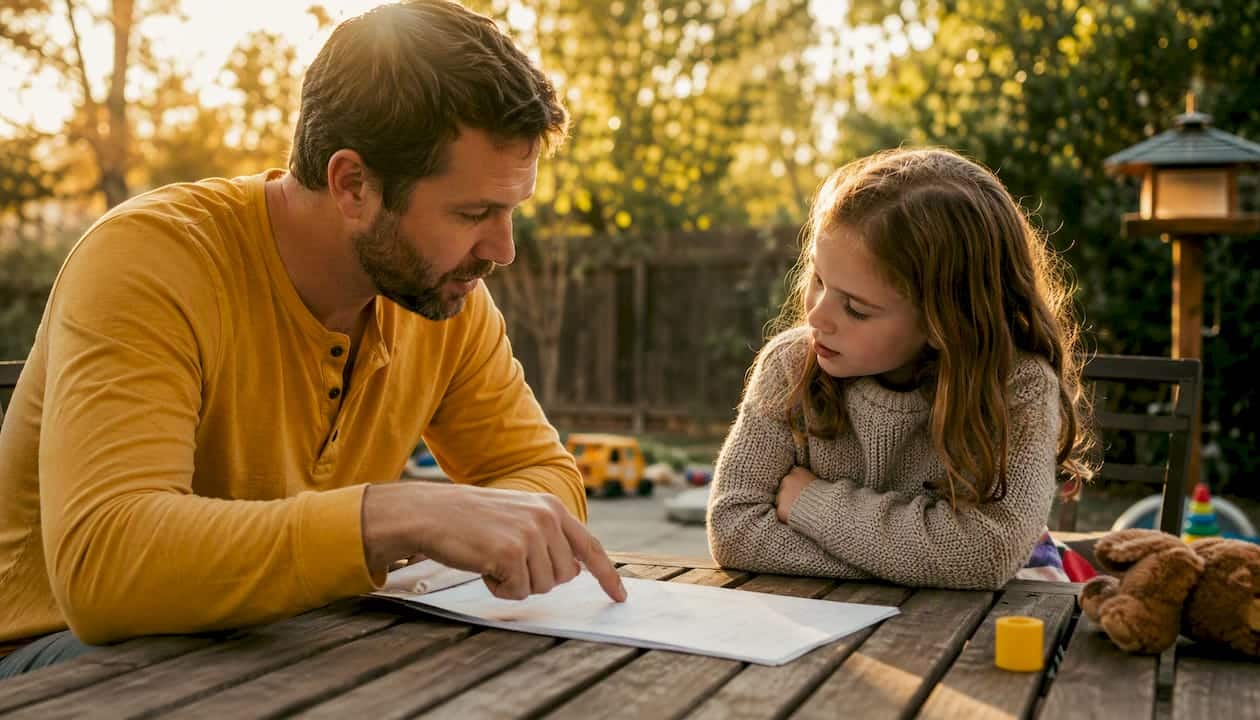 Father and daughter reviewing parenting plan