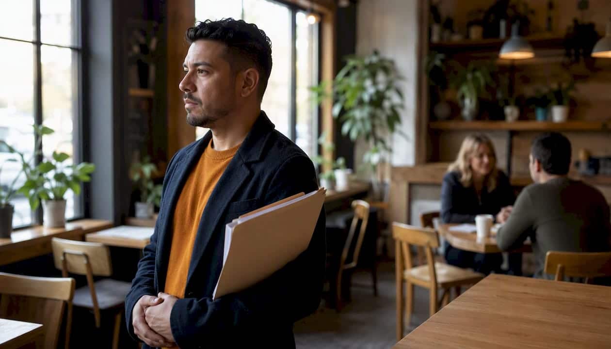 Man holding legal folder in law office waiting area