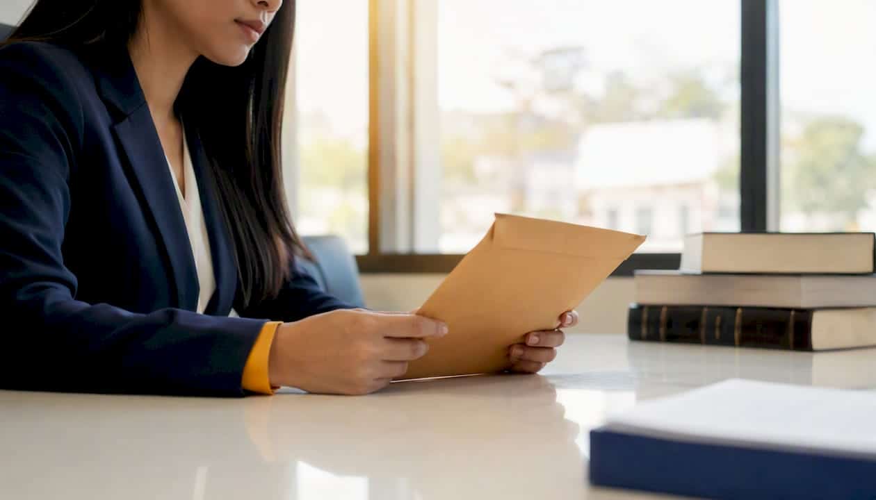 Attorney holding emergency custody motion envelope