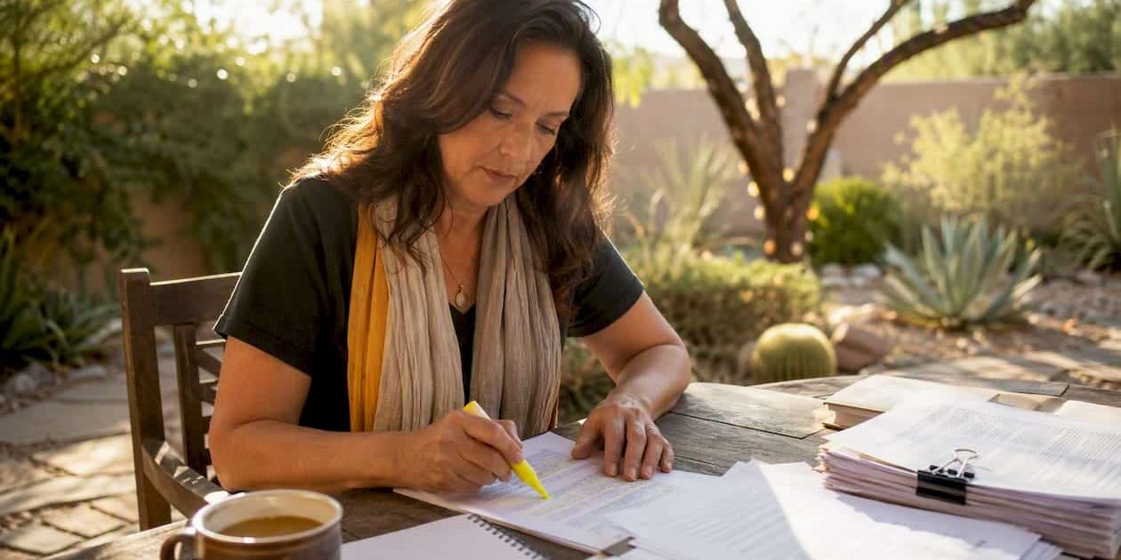 Woman reviewing custody documents at home table