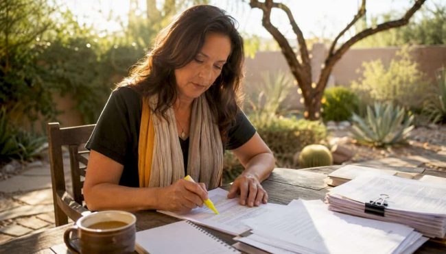 Woman reviewing custody documents at home table