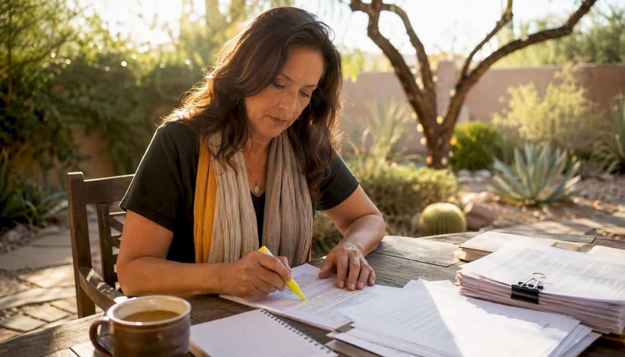 Woman reviewing custody documents at home table