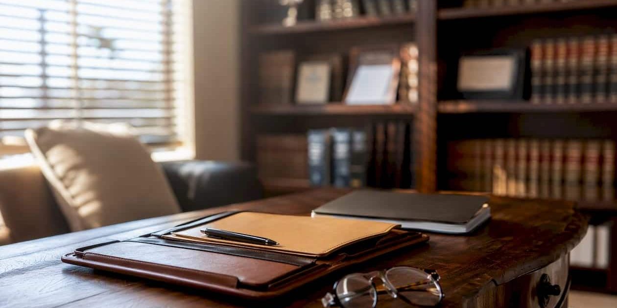 Legal office table with folder and glasses