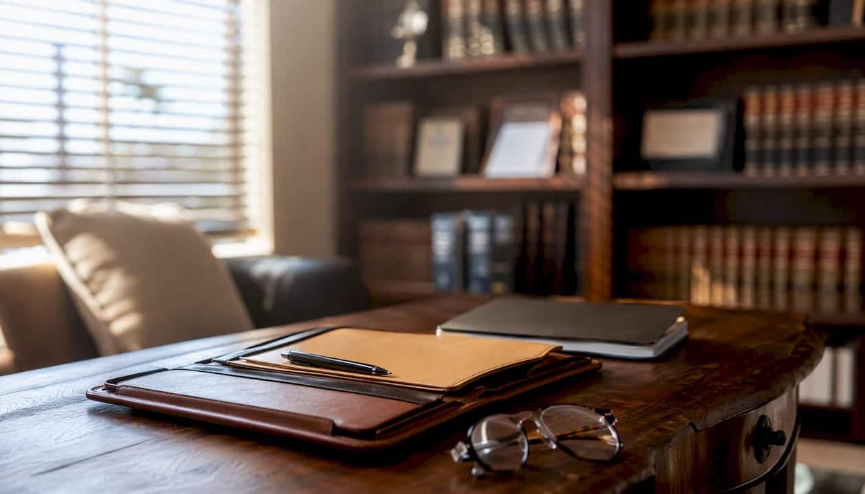 Legal office table with folder and glasses