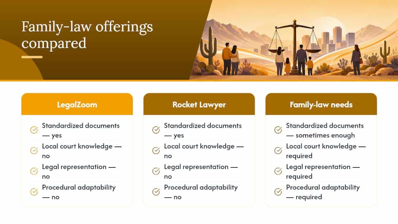 Comparison chart of LegalZoom vs Rocket Lawyer family law features