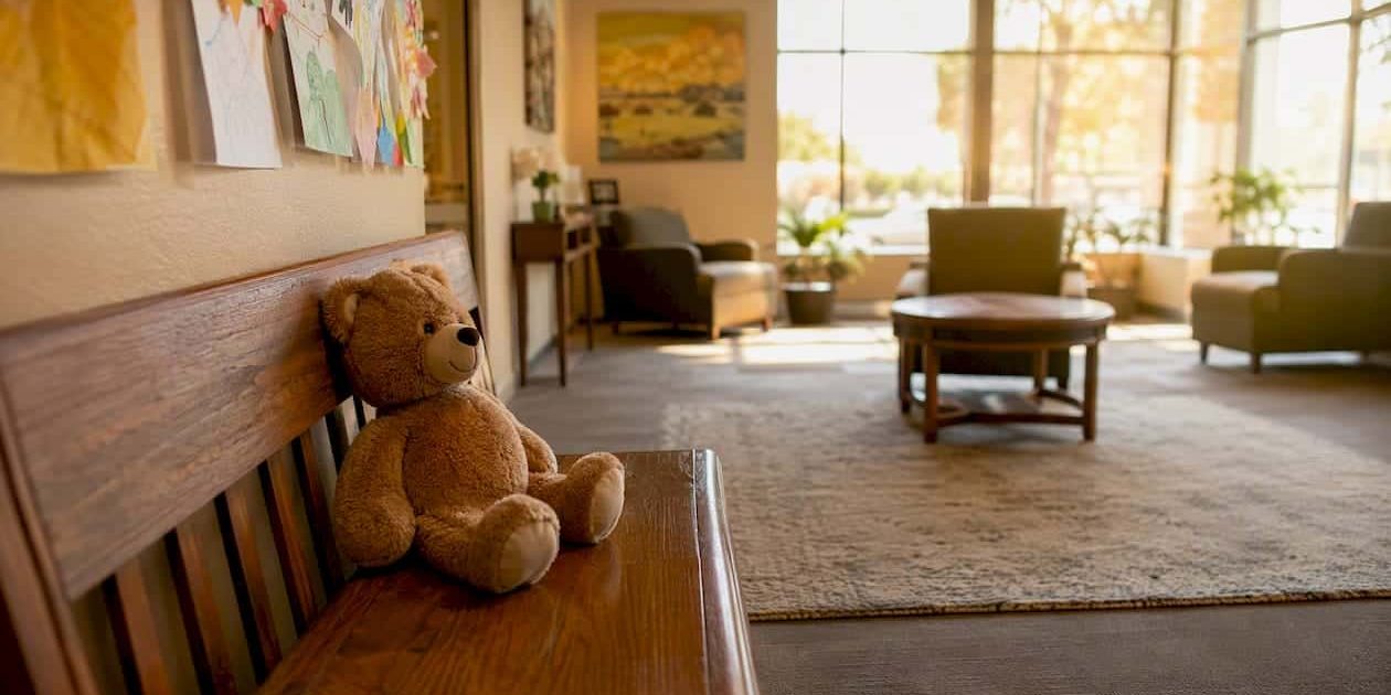Empty family visitation waiting room with toy car