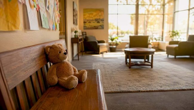 Empty family visitation waiting room with toy car