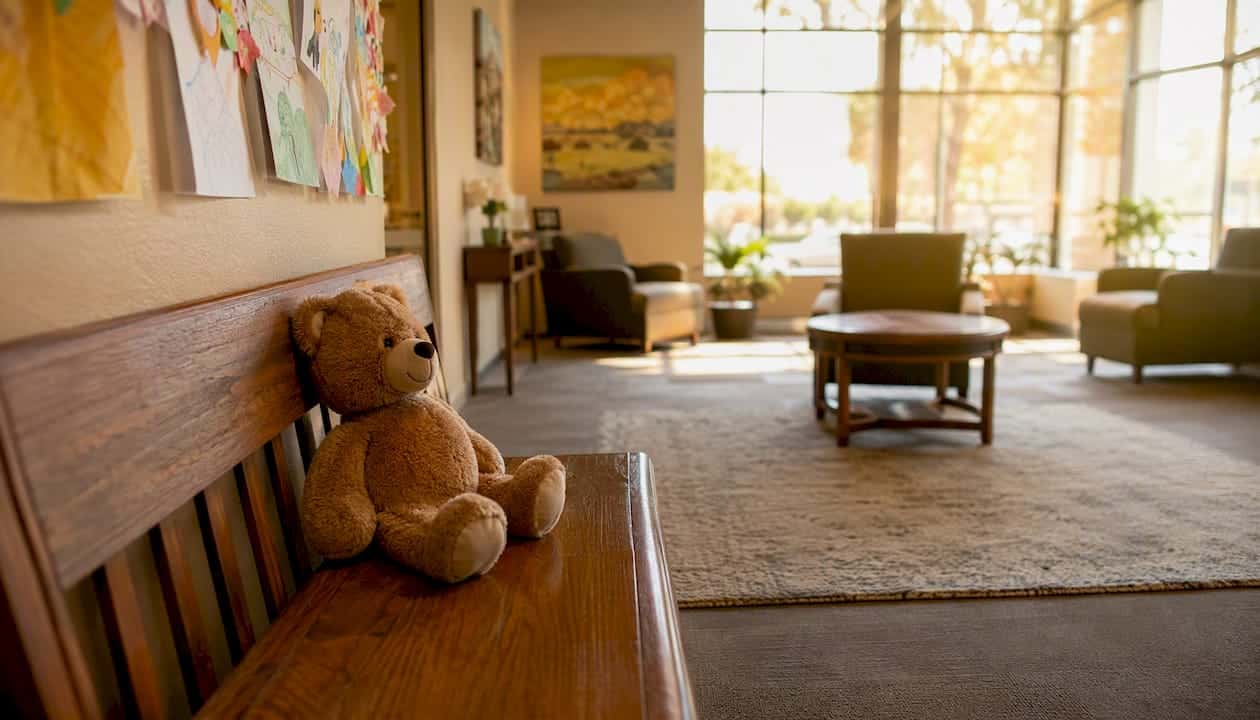 Empty family visitation waiting room with toy car