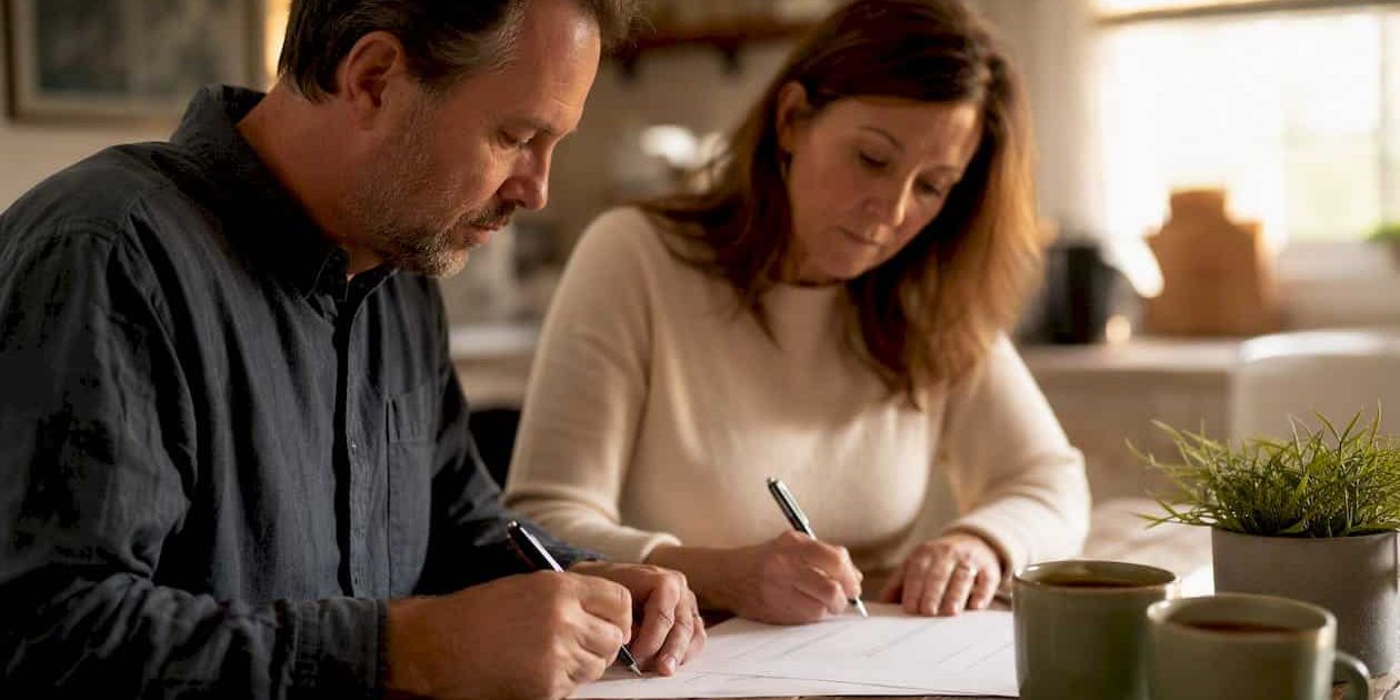 Couple signing postnuptial agreement at home