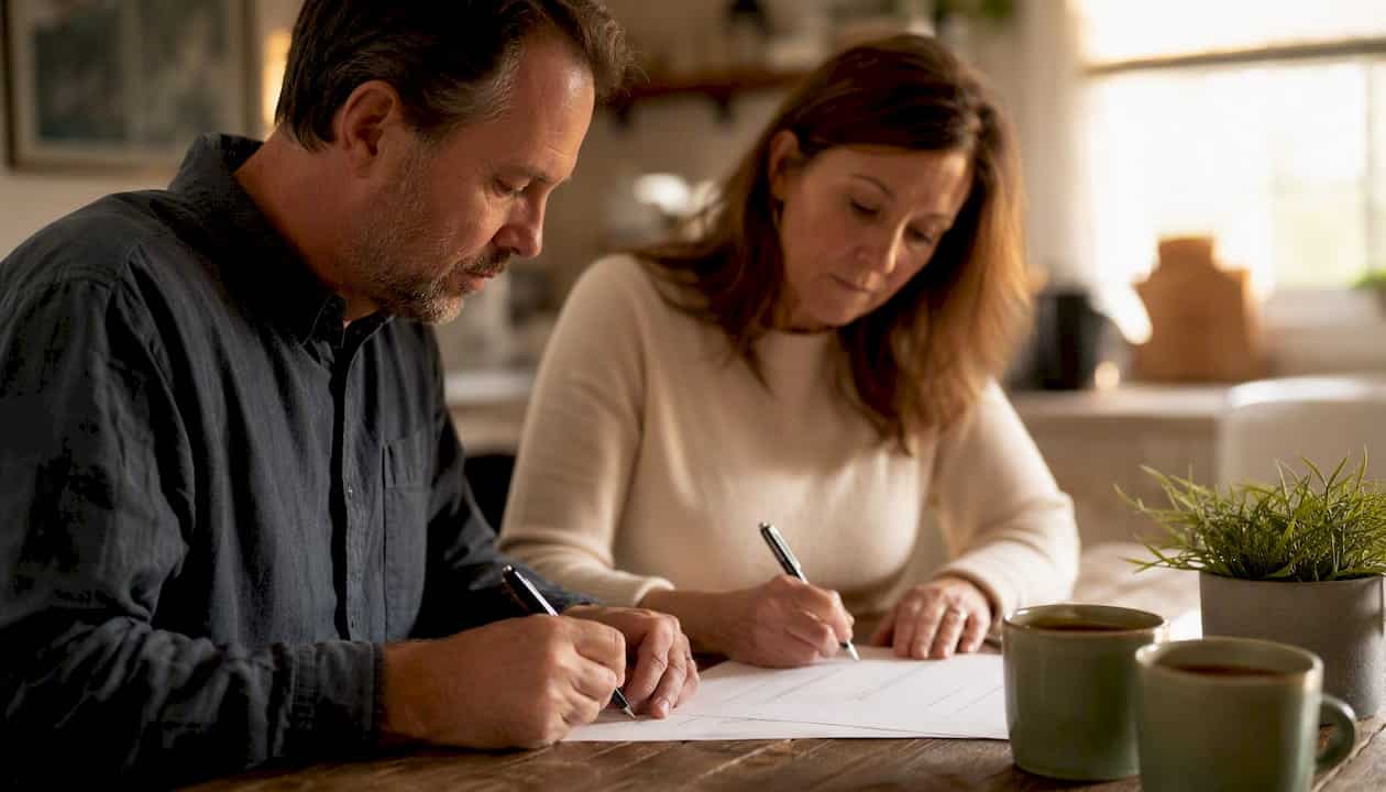 Couple signing postnuptial agreement at home