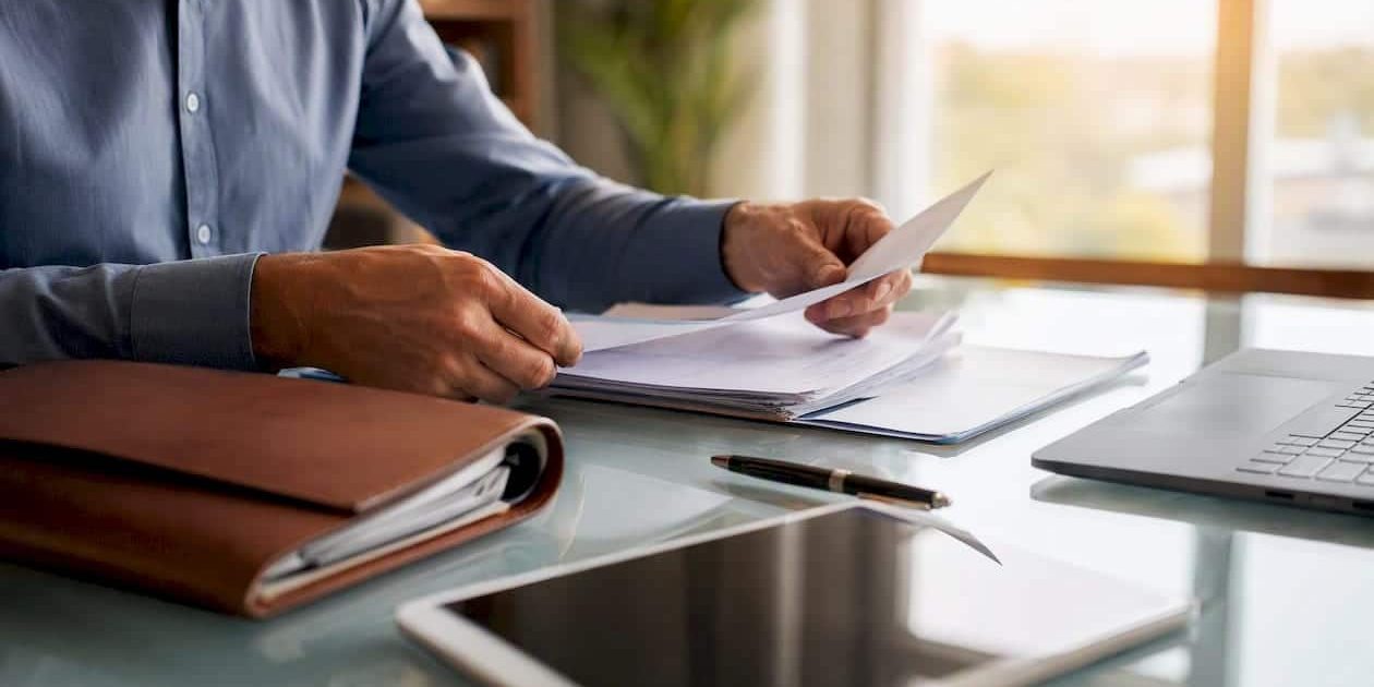 Hands organizing business documents and assets