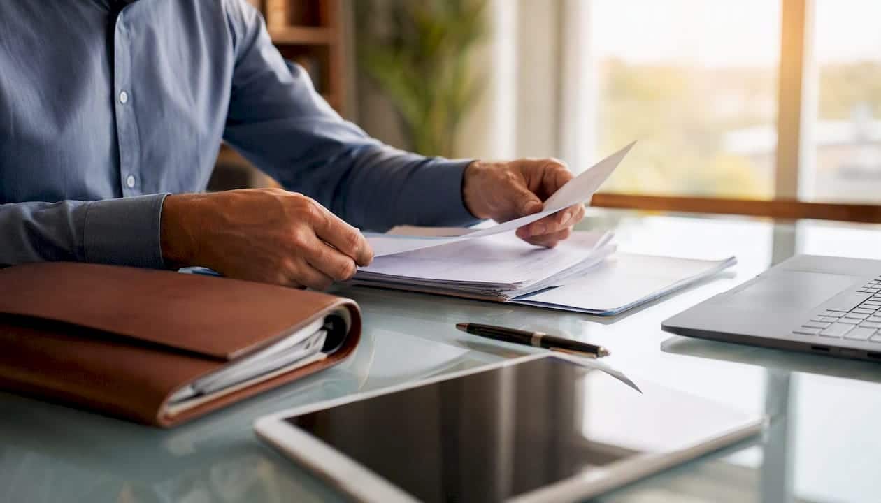Hands organizing business documents and assets