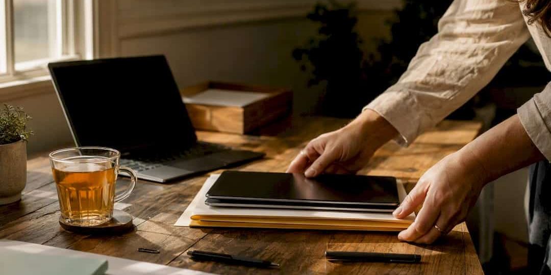 Hands organizing disclosure documents and devices