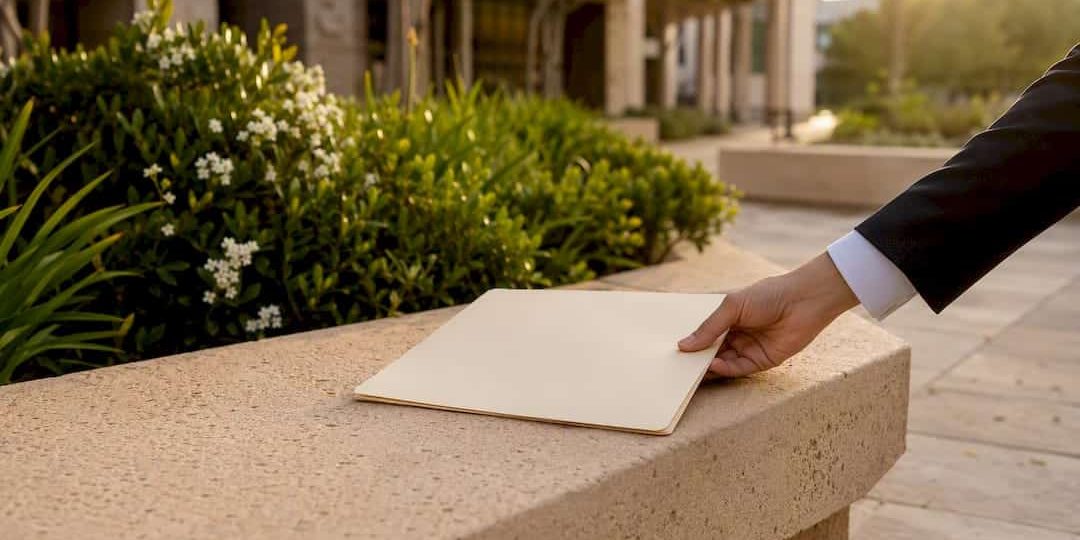 Hand placing folder on courthouse counter