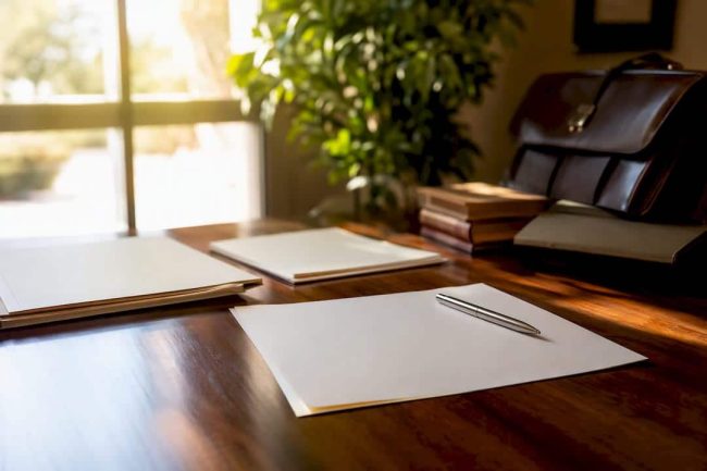Legal documents and pen on table