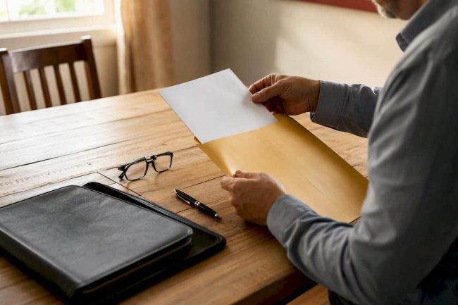 Hands placing legal documents into envelope