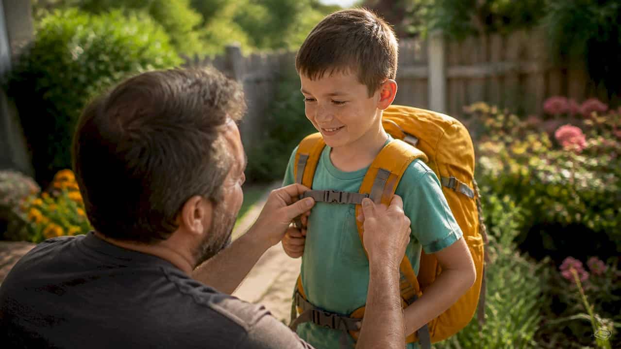 Parent adjusting child's travel backpack