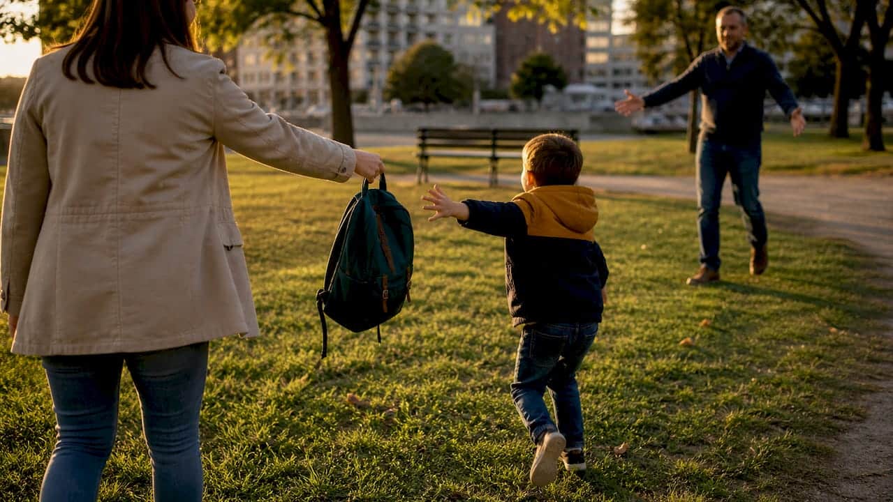 Child exchanging backpack with parent in park
