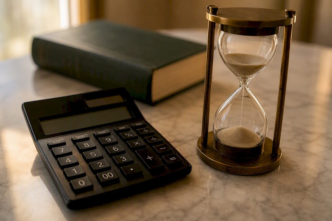Legal calculator and hourglass on desk
