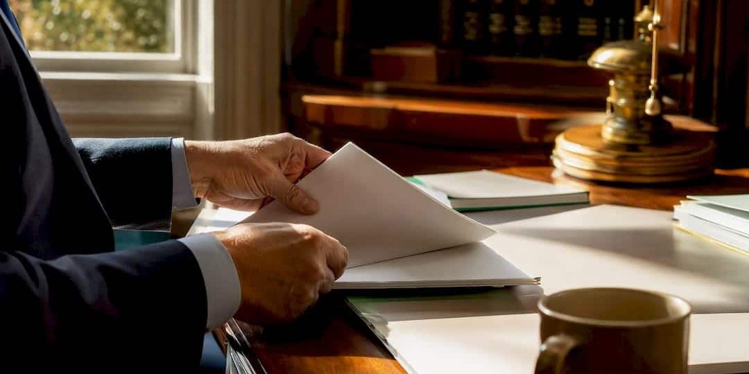 Hands arranging legal papers on desk