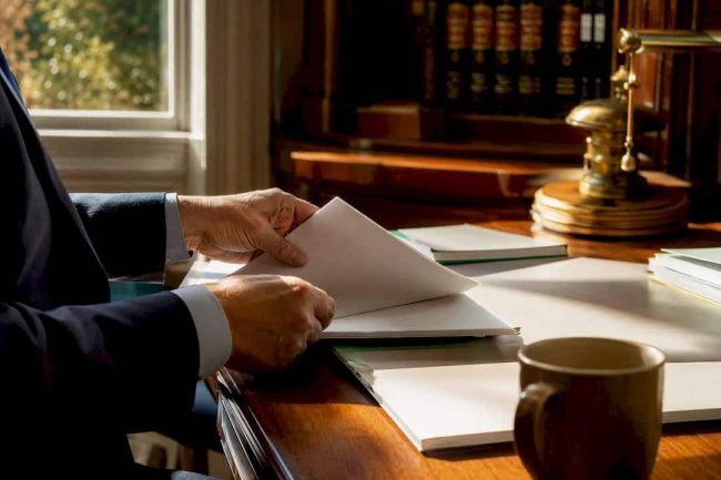 Hands arranging legal papers on desk
