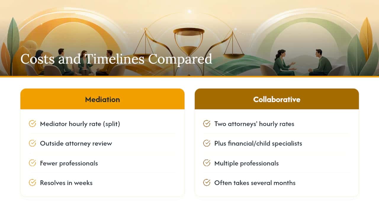 Diagram comparing costs and timelines of mediation and collaborative divorce