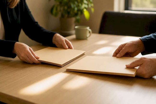 Hands placing legal folders representing divorce processes