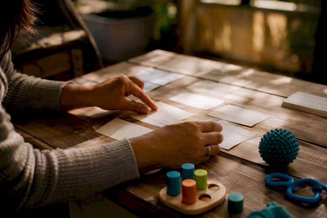 Hands organizing special needs therapy cards