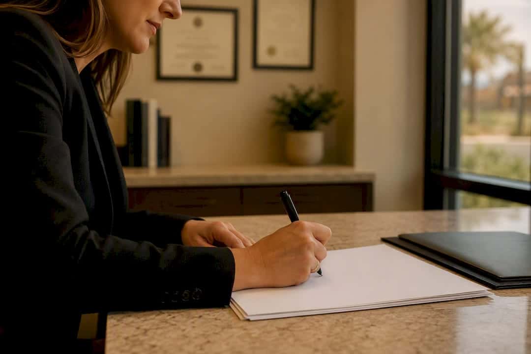Hands setting court document on bench