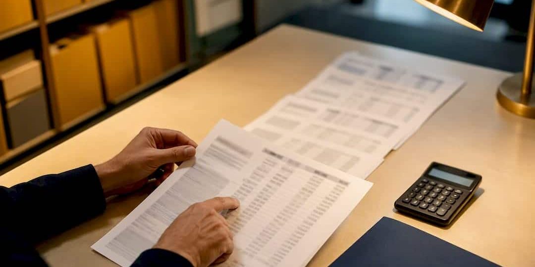 Hands reviewing financial records in courthouse archive