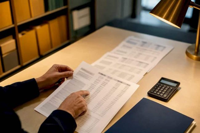 Hands reviewing financial records in courthouse archive
